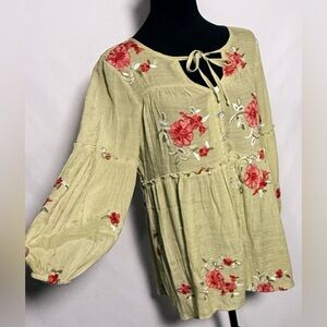 Olive Hill, Floral Embroidered Baby Doll Top With Long Sleeves Size Medium